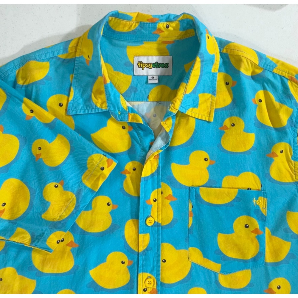 Tipsy Elves Button Up Shirt Large Blue Yellow Rubber Duck Print Beach Vacation